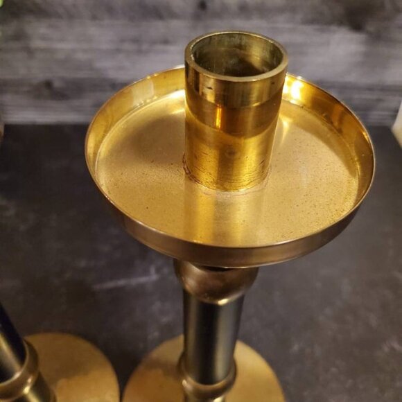 Vintage Matte Black and Brass Tall Candlesticks (1980's) - Picture 3 of 6